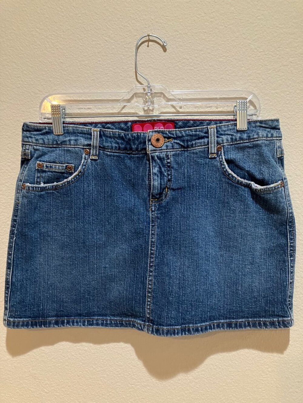 GLO Denim Mini Skirt Blue Cotton Studded Pocket Y2K Western Stretch Size M